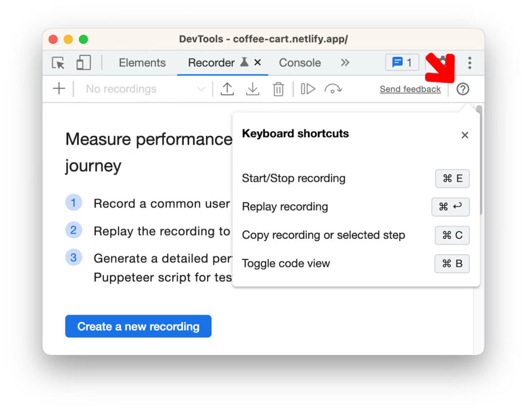 recorder shortcuts panel