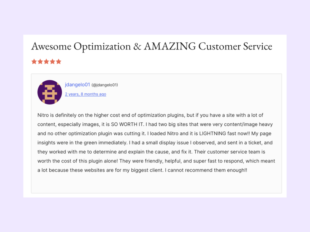 Nitropack review by user jdangelo01 in wordpress.org quoted earlier in the article