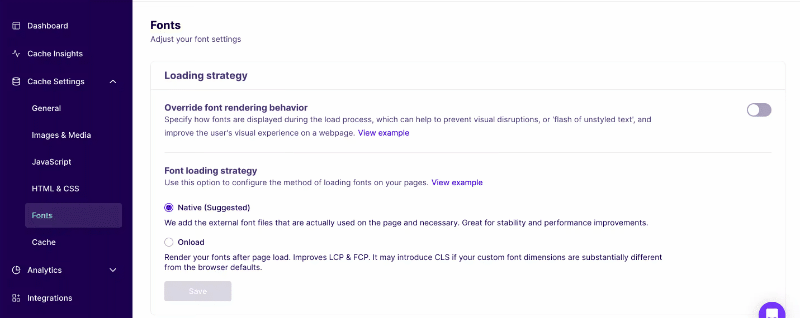 Enabling NitroPack's Override font rendering behavior in the web app